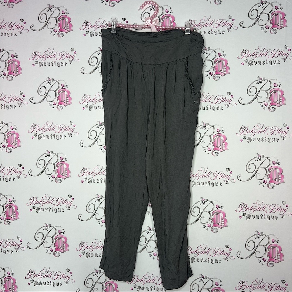 Roxy pants linen light weight braided pockets metal emblem comfy soft hippie